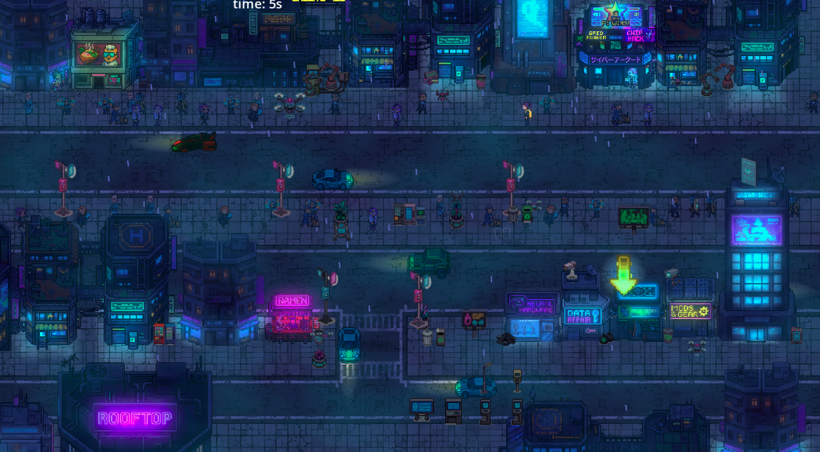 Top-down view of Maya making deliveries through the neon streets